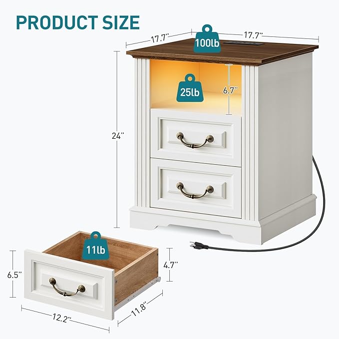Farmhouse Nightstand Set of 2, Wooden Night Stand with Charging Station, LED Bedside Table with Drawers, Rustic Sofa Side Table, End Table for Bedroom, Living Room, White and Walnut