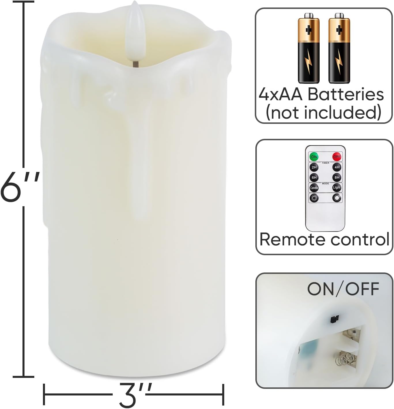 Homemory Dripping Wax Flameless Candles, Battery Operated Candles with Remote Control and Timers, LED Pillar Candles, Electric Fake Candles, 3" x 6", Set of 2