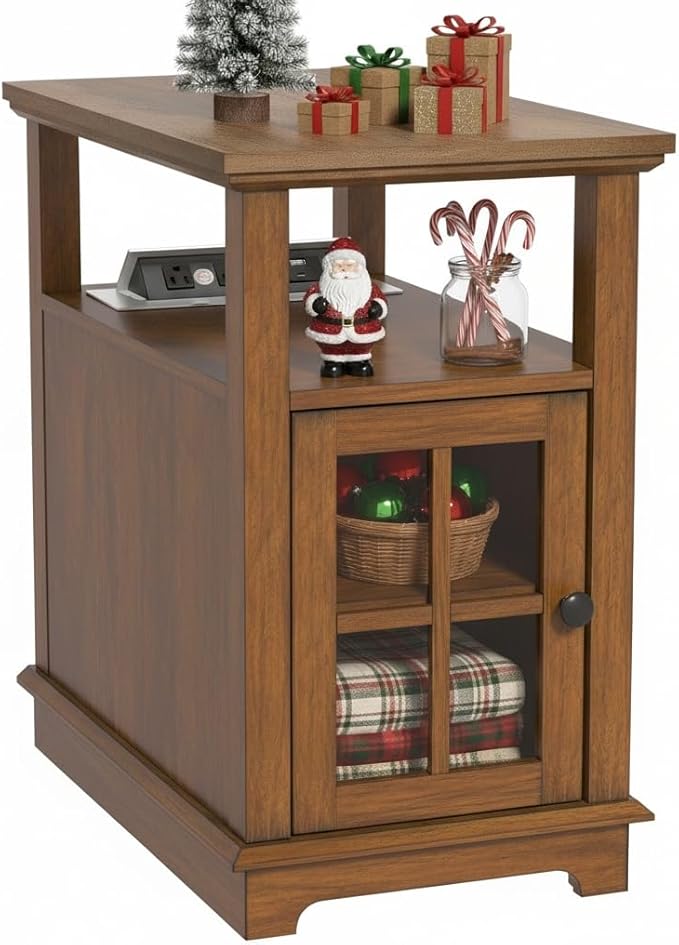 HIFYOBRO End Table with Flip Top Charging Station, Adjustable Shelf, Type-C & USB Port & Power outlets, Wooden Nightstand, Side Table with Storage for Living Room and Bedroom