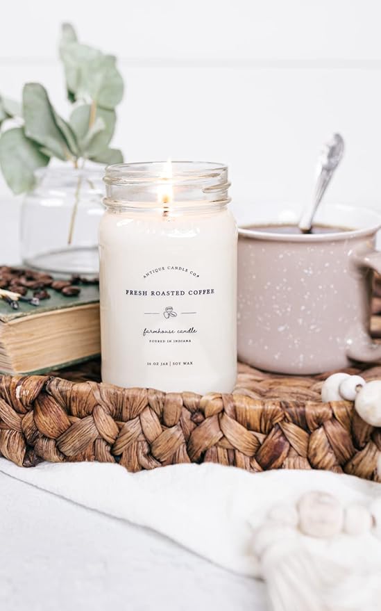 Antique Candle Co.® Fresh Roasted Coffee 16 Ounce Soy Wax Candle, 80 Hour Burn Time, Cotton Wick, Mason Jar Candle (Fresh Roasted Coffee)