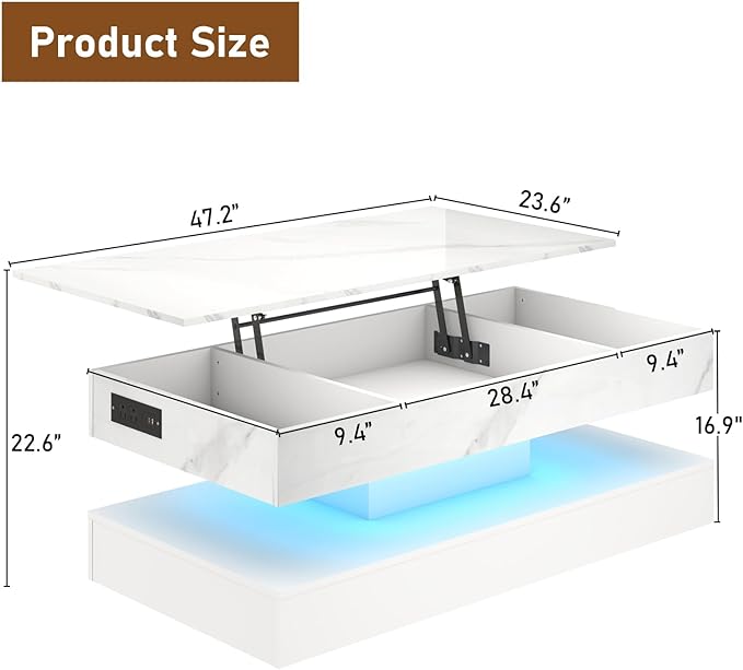 47.2" Large Lift Top Coffee Table with Charging Station, LED Modern High Glossy Center Table with Hidden Compartment Storage, White Lift Living Room Tables with Marbling Print, White