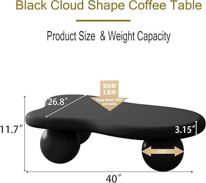 40” Cloud Coffee Table with 3 Ball Legs, Modern Lrregular Center Table for Living Room, Low Cute Small MDF Tea Table for Bedroom, Space Apartment-Black