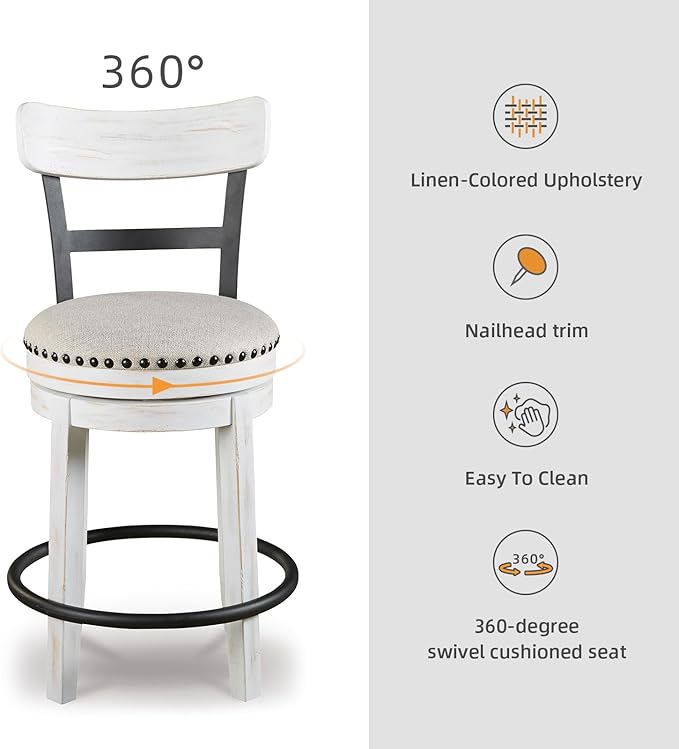 Signature Design by Ashley Valebeck | Modern Swivel 24.5" Counter Height Barstool – Rustic-Industrial Whitewash, Upholstered Cushion, 360° Swivel, Nailhead Trim