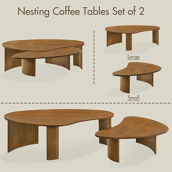 Walnut Nesting Coffee Tables Set of 2, Mid Century Modern Center Table with Fluted Wooden Legs and Oval Mango Shape for Living Room, Small Apartment