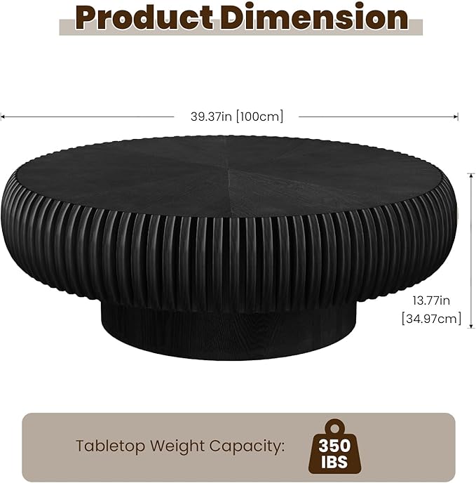 39.3" Drum Coffee Table Modern Unique Fluted Tea Table Contemporary Wood Round Coffee Table with Fluted Centry Table for Living Room Walnut (39.3" Black)