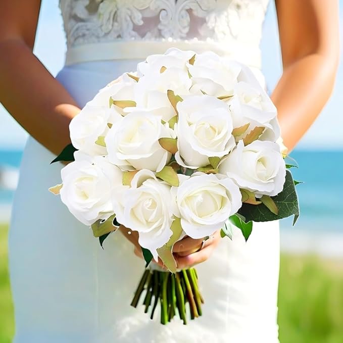 Jasion Artificial Roses Silk Flowers 12 Heads DIY Arrangement Bouquet for Home Office Parties Table Centerpieces Bridal Wedding Decoration Without Vase (Spring White)