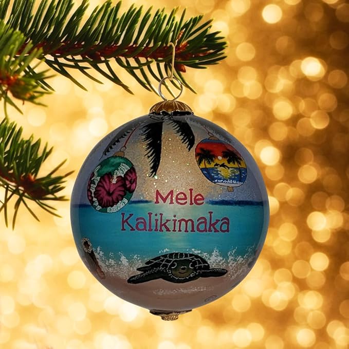 Hawaiian Ornament Christmas Under Palm Trees: Collectible Hand-Painted Glass Keepsake with Gift Box