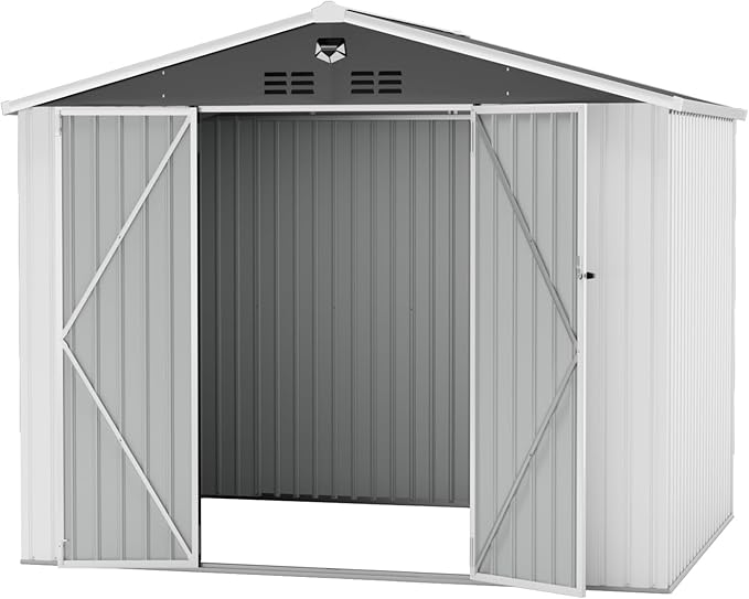 10x8 FT Outdoor Storage Shed, Metal Sheds & Outdoor Storage, Waterproof Sheds with Lockable Doors for Backyard (White, No Window)