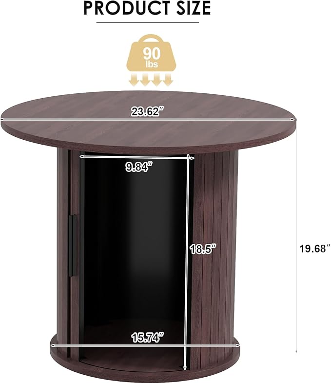 COSVALVE Round Wood Coffee Table 23.6IN with Hidden Storage & Sliding Door, Circle Farmhouse Side Table Sets for Living Room, Bedroom, Balcony, Small Spaces, Walnut