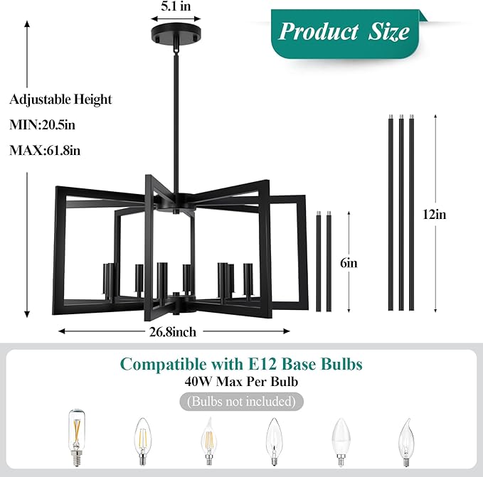 8-Light Black Chandelier, Farmhouse Dining Room Light Fixture, Modern Chandelier, Geometric Industrial Metal Hang Lighting Fixture for Foyer Entryway Kitchen Over Table Hallway Living Room