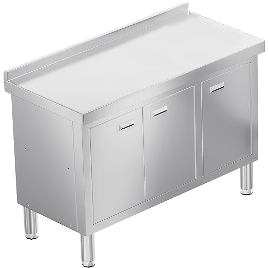 WWK 47" x 21" Stainless Steel Prep Table with Cabinet, Commercial Kitchen Table for Prep & Work, Heavy Duty Work Table with 3 Doors for Kitchen, Restaurant, Hotel, Garage and Cafe