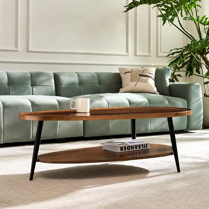 AGV Oval Coffee Table with Storage Shelf, 47" Mid Century Modern Coffee Table for Living Room, Walnut Wood Finish MDF Top with Black Metal Legs
