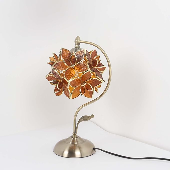 Bieye L11008 Tiffany Style Stained Glass Flower Petal Table Lamp with Brass Base for Home Décor (Amber, 8" Rose Lily)