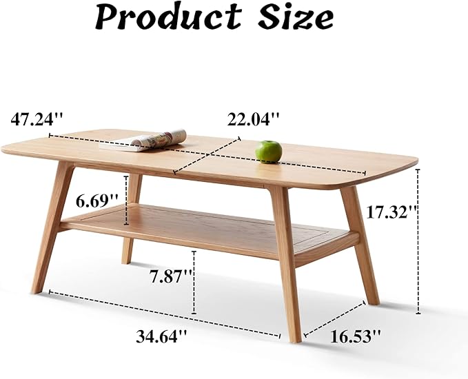 Mid Century Modern Coffee Table: 100% Solid Wood Coffee Table - 2-Tier Storage Design - Practical Coffee Tables for Living Room, Apartment, Easy Assembly (Natural, 47.24")