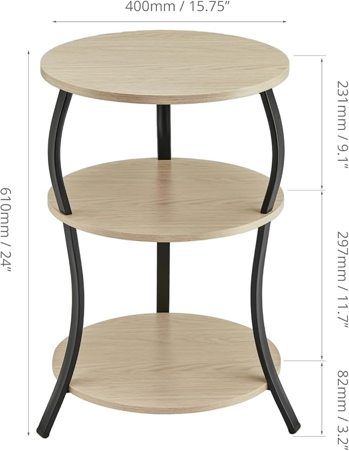 Round Side Table, 3-Tier End Table with Storage Shelf for Narrow and Small Spaces, Round Sofa Table Vintage Corner Tables for Living Room,Bedroom Nightstand/Oak