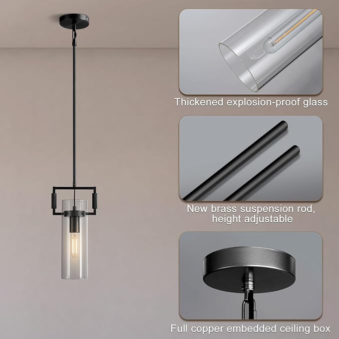 Black Pendant Lights Kitchen Island, Modern Glass Pendant Light,12Inch Kitchen Pendant Lighting Over Island,Farmhouse Island Lights for Kitchen,Bathroom,Bedroom
