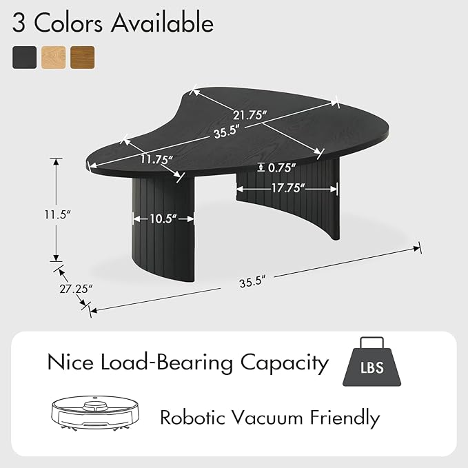 35.5 Inch Modern Black Wood Small Coffee Table for Small Spaces, Sturdy Center Table with Irregular Mango Top and Fluted Legs for Living Room, Apartment