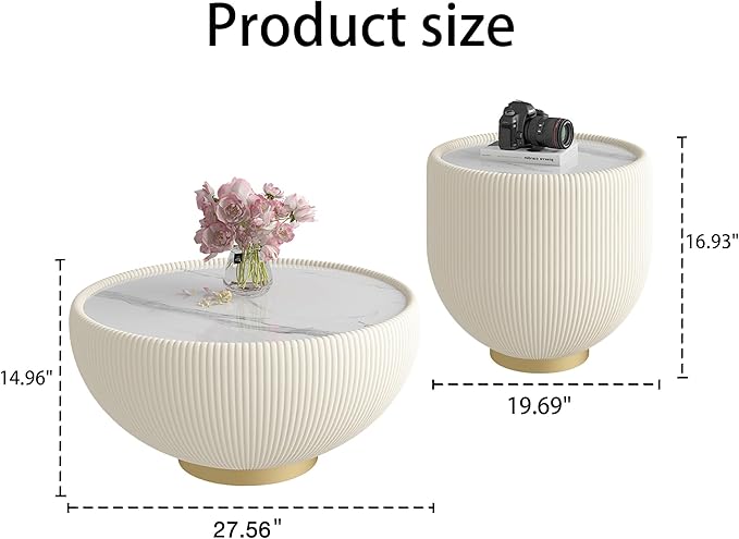 Round Living Room Table Set, 27.56" White Drum Center Table and 19.69" White Center Table Set, 2 Pieces Coffee Table Set with Sintered Stone Tabletop, Fluted PU Leather Covered and Metal Base