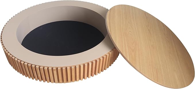 39" Round Coffee Table with Hidden Storage Compartment, Modern Handcraft Fluted Drum Coffee Table, Wooden Circle Center Table Cocktail Tea Table with Sturdy Pedestal for Living Room, Natural