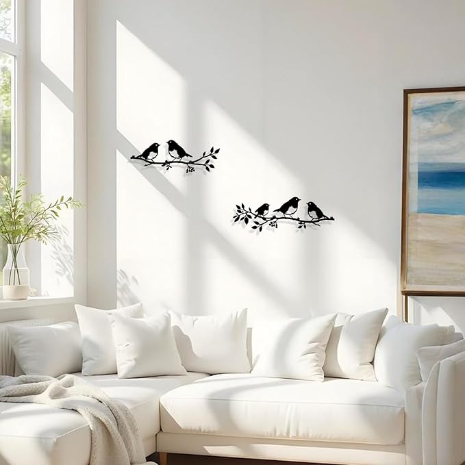 Harikikochuu 2 Pcs Metal Birds Wall Art Decor Robin Bird on the Branch Silhouette Art Metal Decorative Birds Hanging Wall Sculpture for Outdoor Balcony Garden Porch Décor(Black)