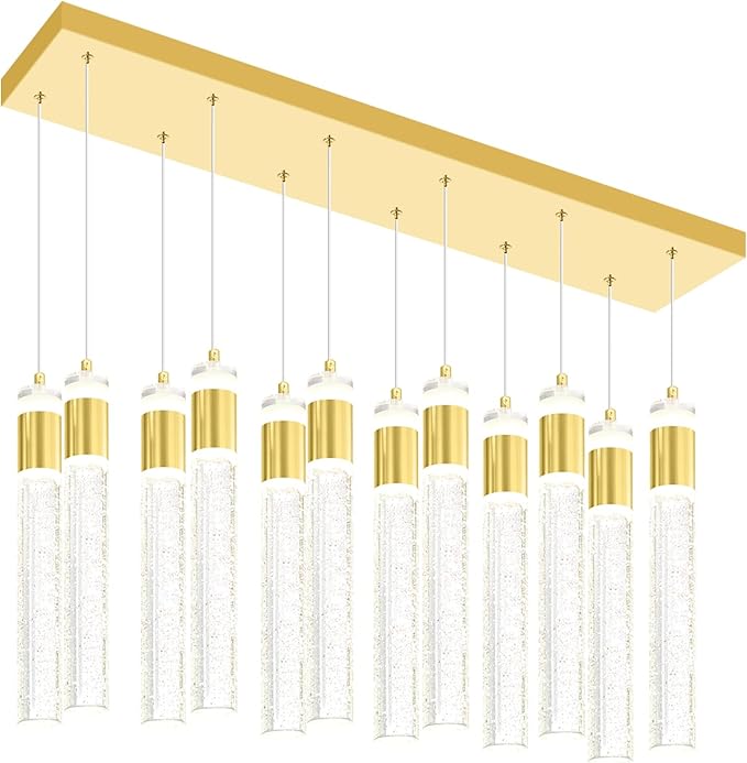 Glam Rectangular Crystal Column Chandelier for High Ceiling 12-Lights Gold LED Dimmable Pendant Light for Kitchen Island Dining Room Entrance Foyer Living Room Adjustable Height