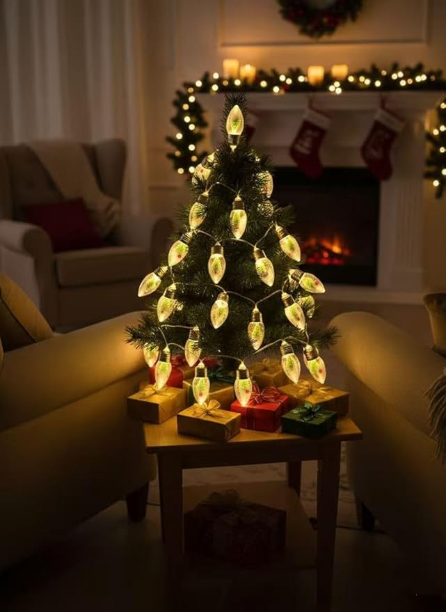 6.6FT Vintage Christmas Decoration String Lights with Tree & Red Berry & Snow Decor - 10 Warm White LED Bulbs, Battery Powered Christmas Tree Lights Decor Indoor(Batteries Not Included)