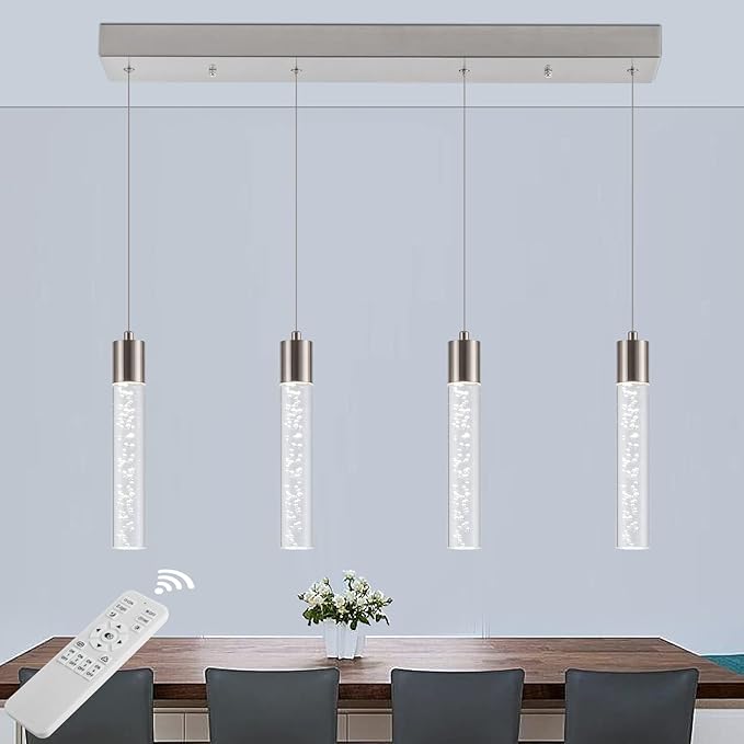 Pendant Light Kitchen Island with Remote Control & Dimmable, Modern Brushed Nickel Pendant Light Fixture for Dining Room 3000K/4000K/6000K
