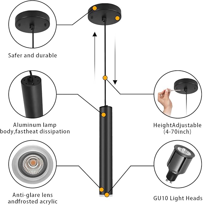 Modern Black Pendant Light Fixture for Kitchen Island, 1-Light Pendant Lighting, Lights Cord Adjustable, Matching GU10 lamp Holder,for Living Room Bedroom Dining Room