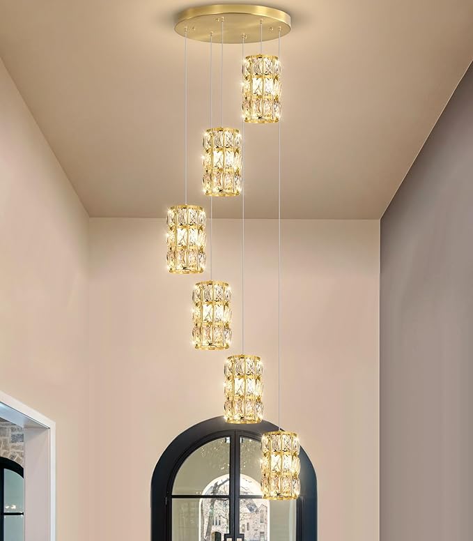 6-Lights Modern Crystal Pendant Lights for Kitchen Island LED Dimmable Glam Pendant Lighting Chandelier for Dining Room Hallway Corner Lamp Gold