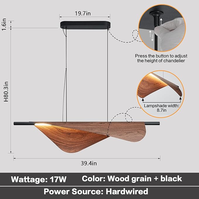 Walnut Pendant Lights Kitchen Island 39.4In Dimmable Wood Grain Linear Kitchen Chandeliers Over Table Hanging Light Fixture for Dining Room