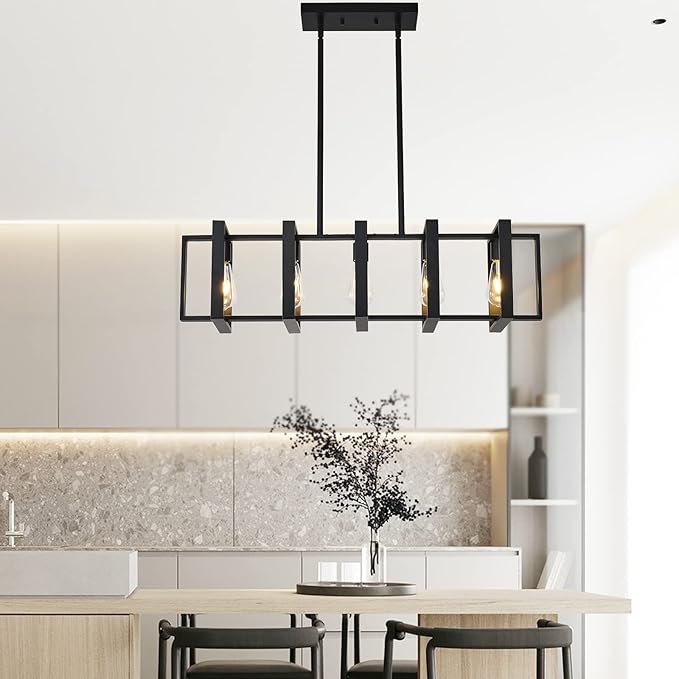 34.5 INCH Kitchen Island Chandeliers for Dining Rooms, Pendant Lighting Hanging Light Fixture Matte Black 5-Light Farmhouse Pendant Lightsfor Kitchen Island