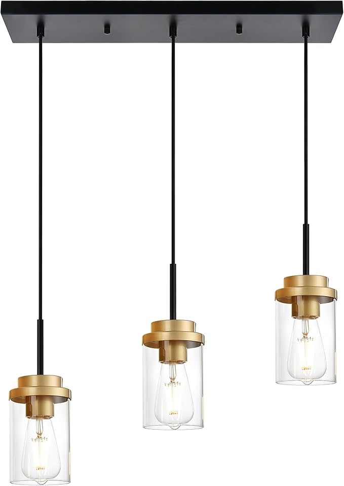MELUCEE 23.6 Inches Dining Room Light Fixture Hanging 3-Lights Kitchen Pendant Light Fixture Over Island Black Ceiling Hanging Lamp with Clear Glass Shade, Gold Socket