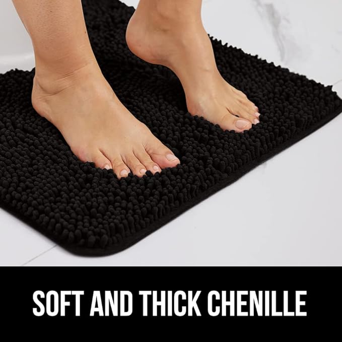 GORILLA GRIP Bath Rug Mat, Thick Soft Absorbent Chenille, Quick Dry Microfiber Mats, Rubber Backing Washable Shower Floor Rugs, US Designed Bathroom Bathmat Home Decor Accessories, 24x17, Black