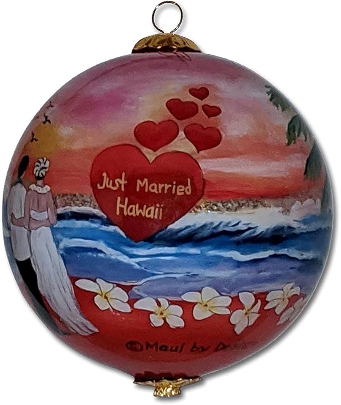 Just Married in Hawaii Collectible Hawaiian Ornament Hand-Painted Glass with Gift Box JMP/H