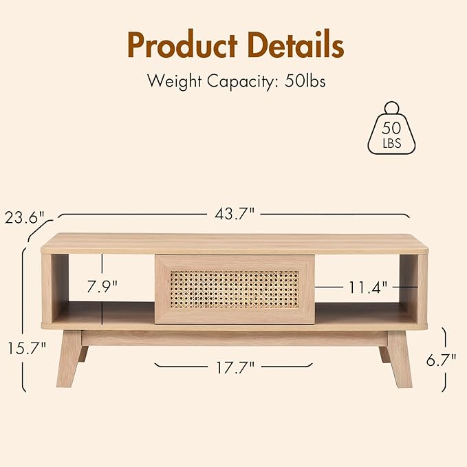 Soohow Coffee Table, Mid Century Living Room Tables with Storage, Modern Square with Rattan Drawer, Wooden Living Room Table with Solid Wood Leg