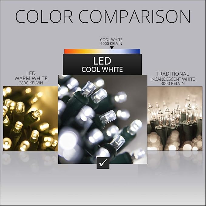 5mm LED Wide Angle Cool White Prelamped Light Set, Green Wire - 70 5mm Cool White LED Christmas Lights, 4" Spacing