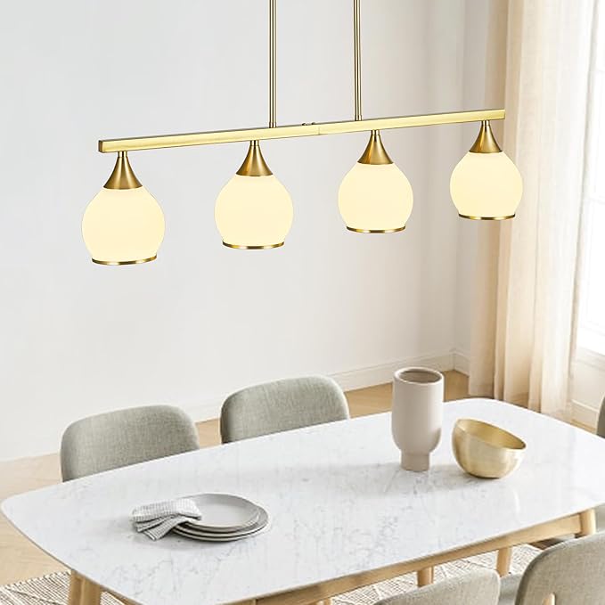 Island Light for Kitchen,4-Light Gold Finish Kitchen Island Pendant Lighting with Round Frosted Glass Shades for Dining Table