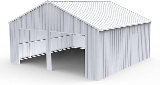 22x23 FT Outdoor Metal Garage Shed with 14-Gauge Steel Frame, 26-Gauge Panels & Side Door, Heavy-Duty Prefab Steel Building for Two Cars,Workshop, Farm Equipment & Tractor Shelter（White）
