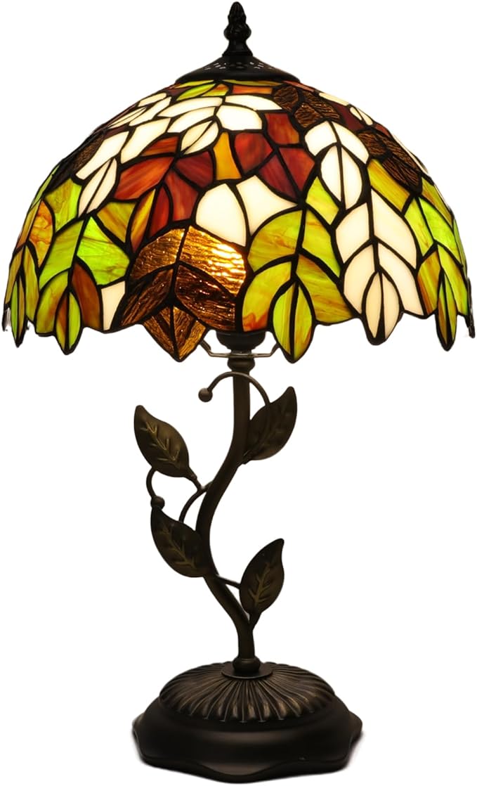 Stained Glass Table Lamp, Maple Leaf Style Metal Leaf Base Desk Reading Light 12X12X19 Inches Decor for Bedroom Living Room Office