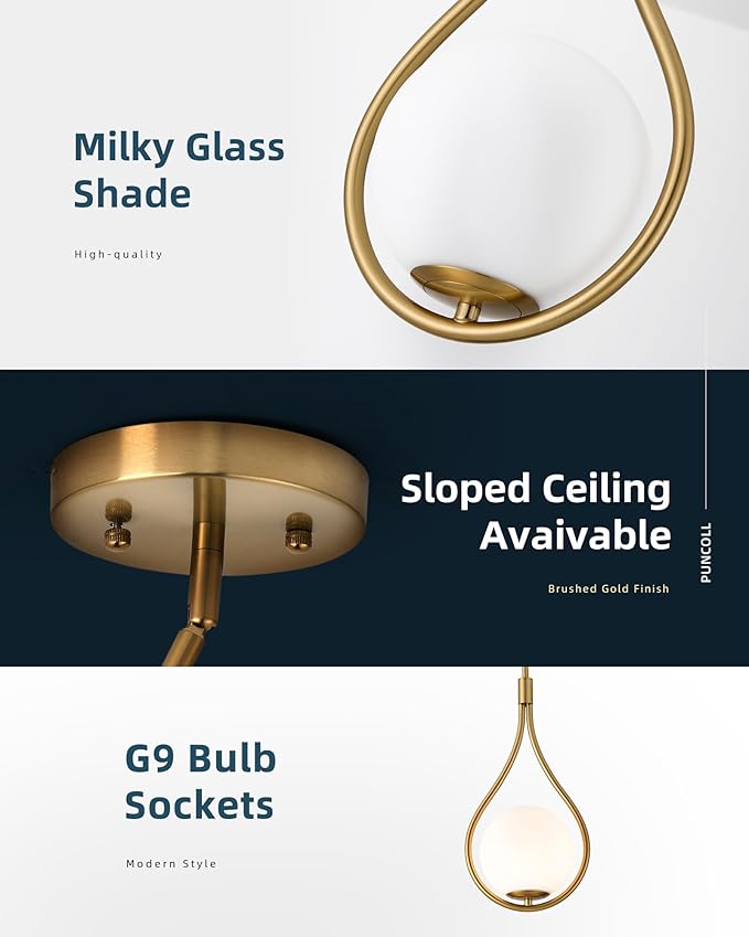 Gold Pendant Lights, 1-Light Pendant Lights Kitchen Island in Brushed Gold Finish with Milky White Globe Glass, Mid Century Pendant Light Fixtures, H9377 MGBG