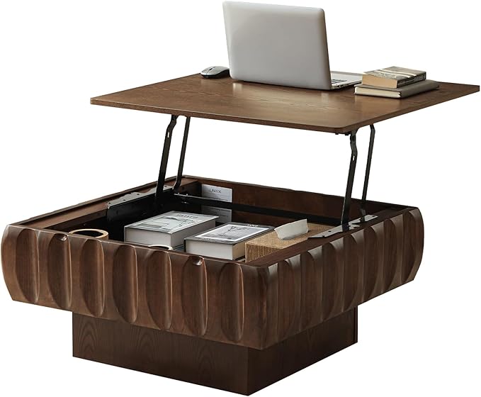 LKTART 31" Lift Top Coffee Table for Living Room, Fluted Coffee Table with Hidden Storage Compartment, Mid Century Modern Solid Wood Veneer Square Center Table for Office Apartment Small Space, Walnut