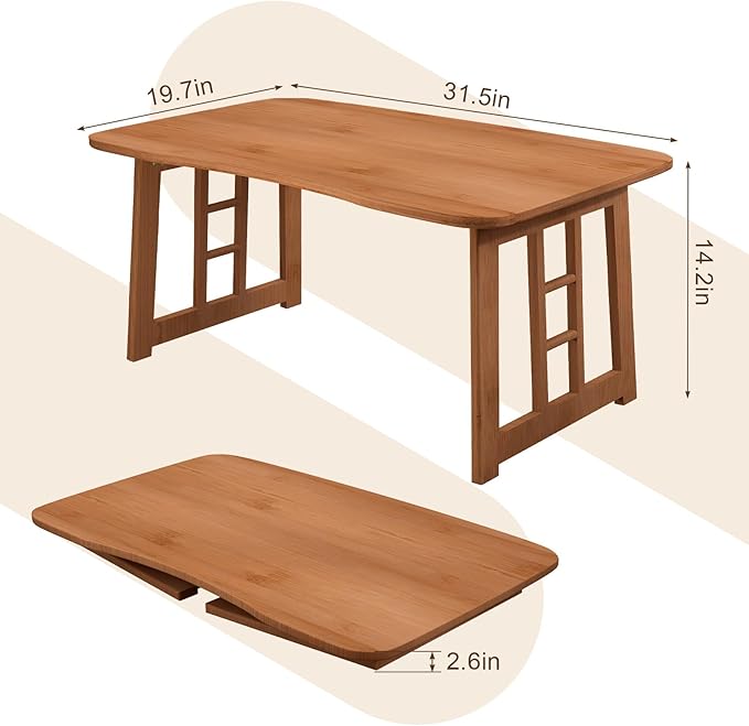 Folding Coffee Table for Living Room, 31.5 in Foldable Floor Table, Bamboo Low Coffee Tables for Small Spaces, No Assembly, Lightweight Simple Storage for Apartment, Sunroom (Brown)