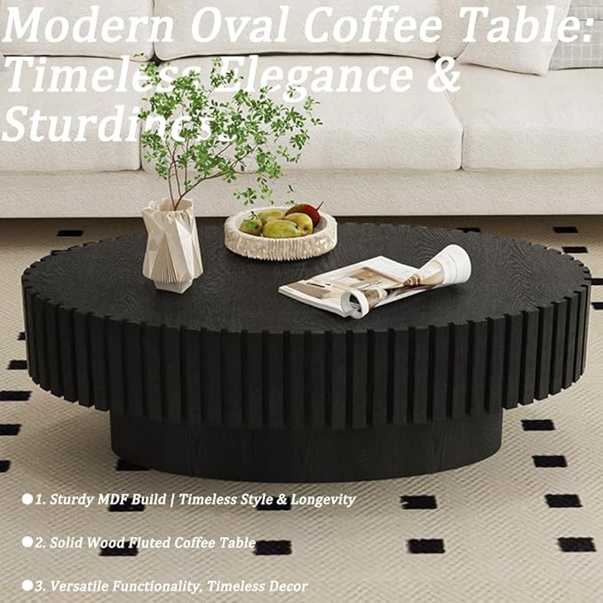 43.3” Oval Coffee Table Modern Fluted Coffee Table Handcrafted Relief Center Table with Sturdy Pedestal Mid Century Modern Center Table Tea Table for Living Room Apartment (Black)