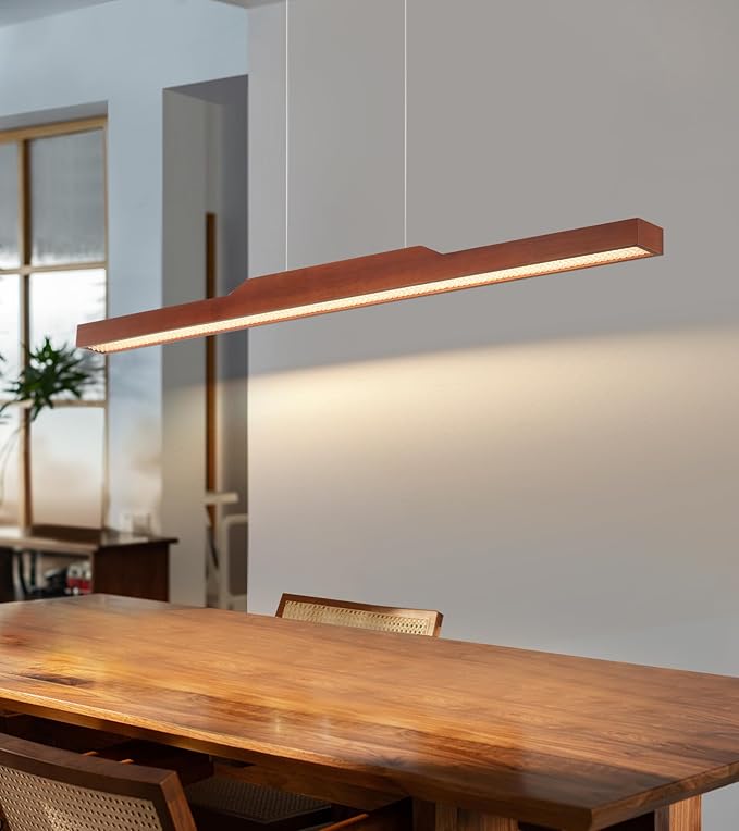 Q&S Linear Chandelier,Wood Pendant Light Fixtures for Dining Room,Modern Dimmable Hanging Led Chandelier with Remote 30W Kitchen Island Light for Bar Pool Office 39"