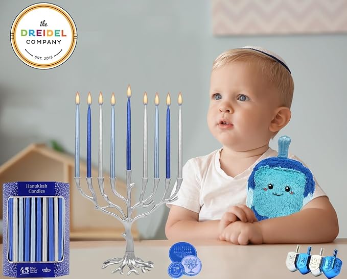 The Dreidel Company 5-Pack Metallic Multi Blue & Silver Hanukkah Candles 1-Hour Burn Time Premium Tapered Hand Decorated Chanuka Candles, 45 Candles for All Eight Nights of Hanukkah