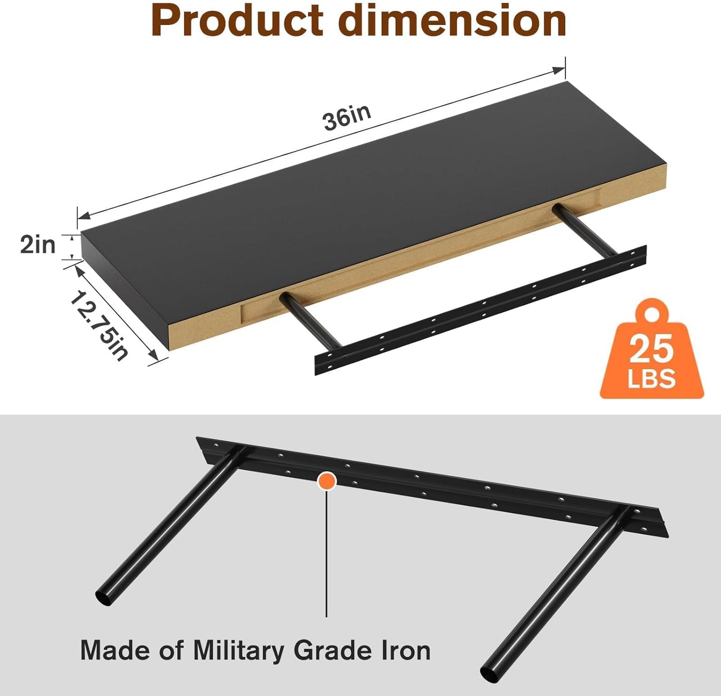 Floating Shelf, Set of 2 Wall Shelf, 36 in W x 12.75 in D x 2 in H Wooden Floating Wall Shelf with Invisible Brackets for Living Room/Bedroom/Bathroom/Kitchen Storage and Decor, Black