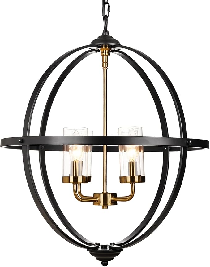 Treekee 4-Light Black Orb Chandelier, 20" Black and Gold Globe Pendant Light, Adjustable Hanging Ceiling Light Fixtures, Industrial Ceiling Chandelier Light for Kitchen, Dining Room, Foyer