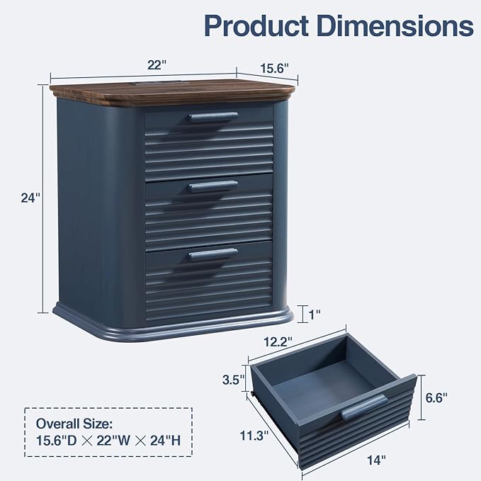 Okvnbjk 22" Wide Fluted Nightstand Set of 2 with Charging Station, Mid Century Modern End Table for Living Room, Bedroom, Home Office, Wood Curved 3 Drawer Dresser, Large Bedside Tables, Navy Blue