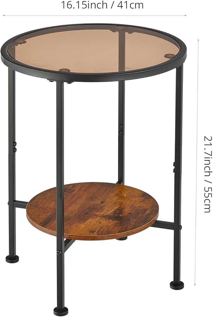 Industrial Round Tempered Glass Side Table, 2 Tier Glass Top End Table with Rustic Wood Shelf, Small Black Nightstand,Bedside Table with Metal Frame for Living Room, Bedroom, Small Spaces