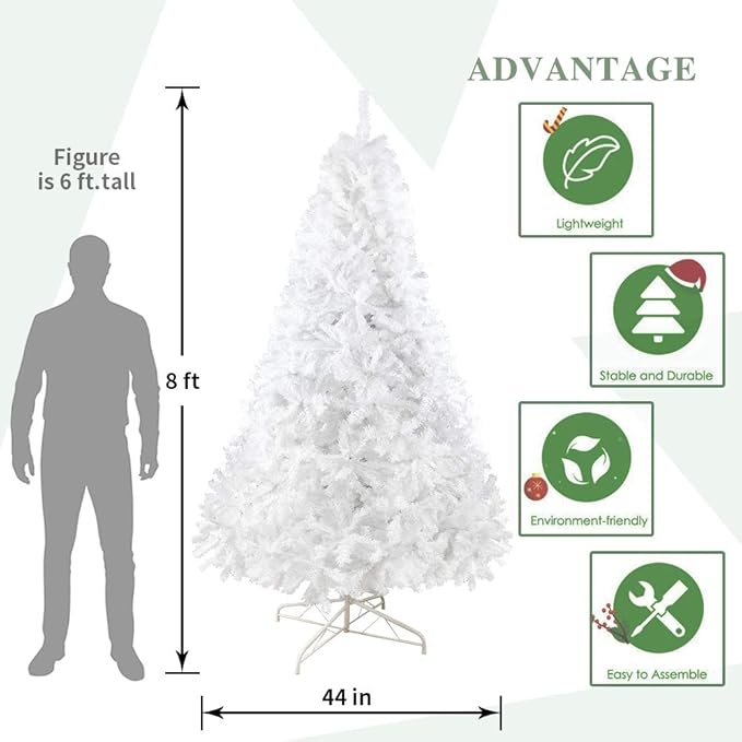 BESTHLS White Christmas Tree 8FT Artificial Christmas Pine Tree with 1500 Branch Tips Metal Stand for Home Holiday Decoration